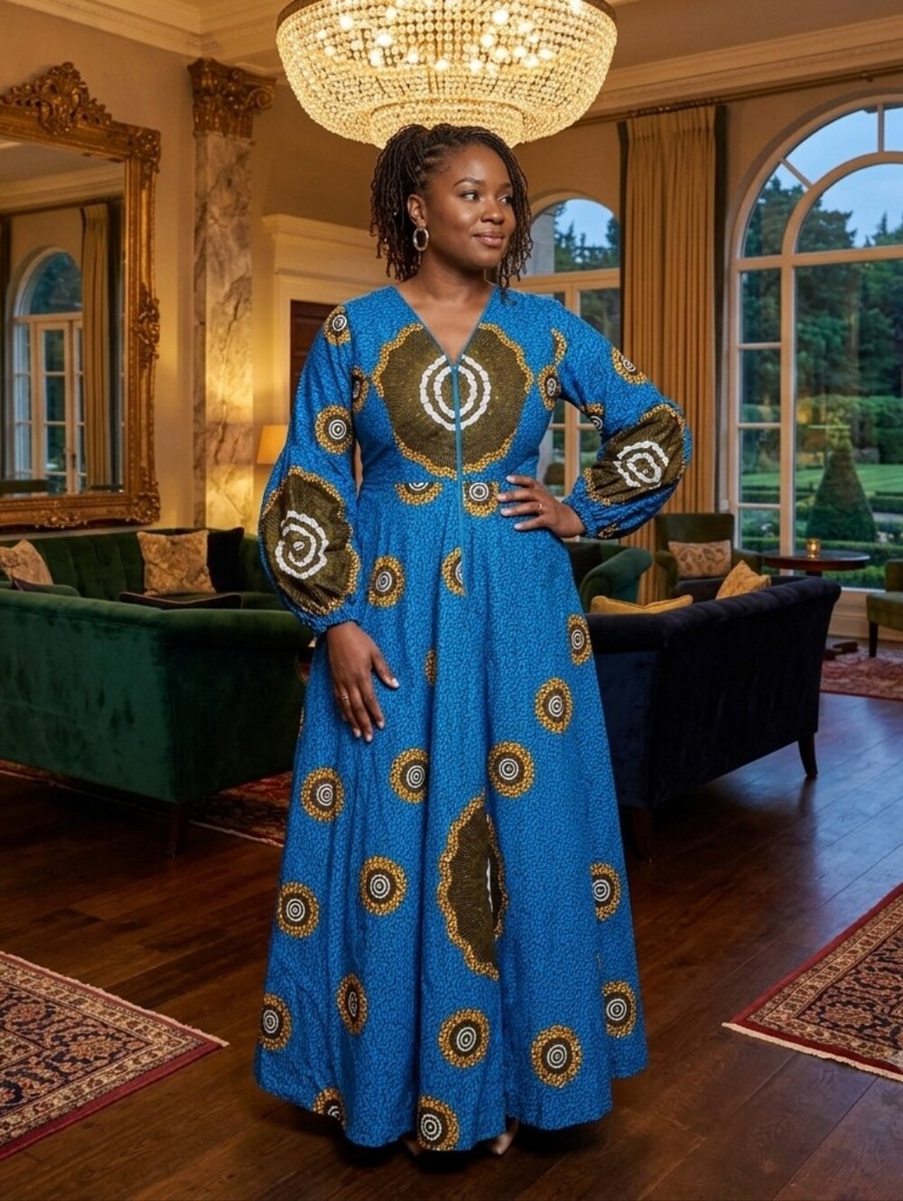 African Print Ankara Blue Maxi Dress Front Zip Long Sleeve L/XL